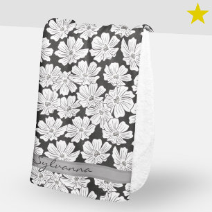 Rustic White Flowers Sketch Black Gray Custom Name Sherpa Blanket