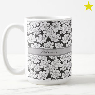 Rustic White Flowers Sketch Black Grey Custom Name Coffee Mug