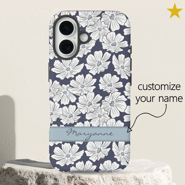 Rustic White Flowers Sketch Blue Shade Custom Name Case-Mate iPhone Case (Creator Uploaded)