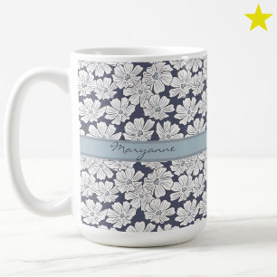 Rustic White Flowers Sketch Blue Shade Custom Name Coffee Mug