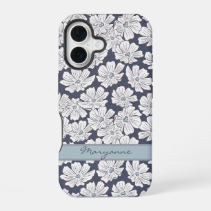 Rustic White Flowers Sketch Blue Shade Custom Name iPhone 16 Case