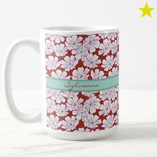Rustic White Flowers Sketch Red Teal Custom Name Coffee Mug