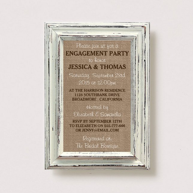 Rustic White Frame & Burlap Engagement Party Invitation (Creator Uploaded)