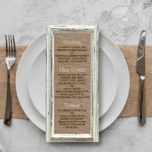 Rustic White Frame & Burlap Wedding Menu