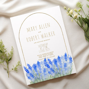 Rustic white gold lavender blue floral wedding invitation