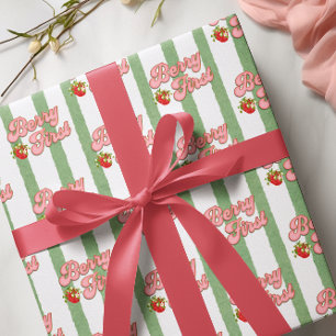 Rustic White Green Berry First Birthday Strawberry Wrapping Paper