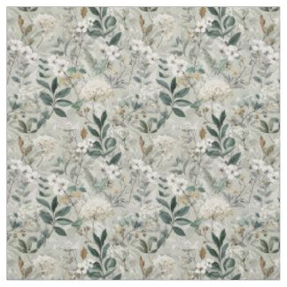 Rustic White Green Botanical Vintage Boho Floral Fabric