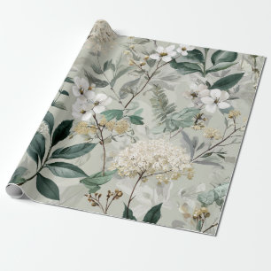 Rustic White Green Botanical Vintage Boho Floral Wrapping Paper