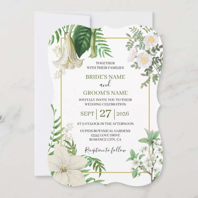 Rustic White Green Watercolor Floral Gold Wedding Invitation (Front)