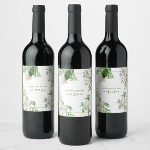 Rustic White Green Watercolor Floral Gold Wedding Wine Label