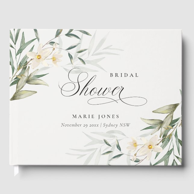 Rustic White Greenery Floral Bunch Bridal Shower Guest Book (Front)