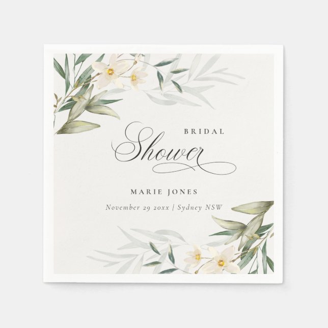 Rustic White Greenery Floral Bunch Bridal Shower Napkin (Front)
