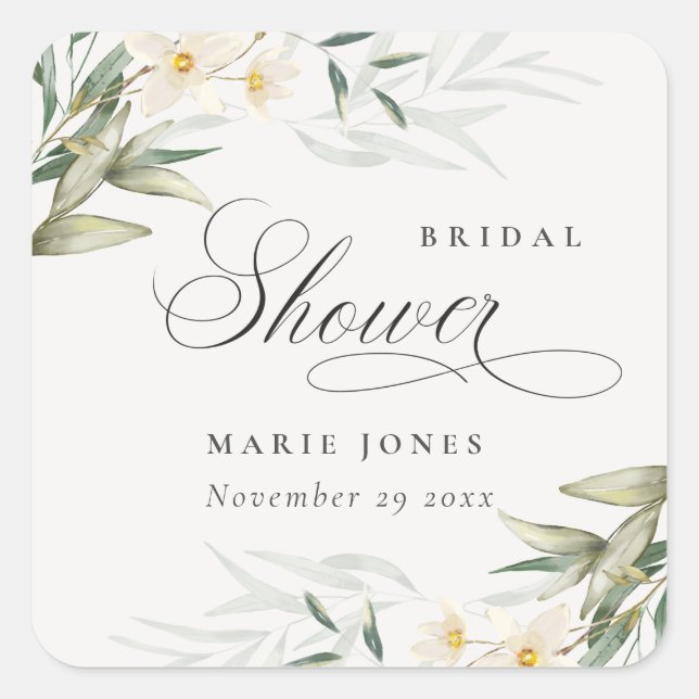 Rustic White Greenery Floral Bunch Bridal Shower Square Sticker (Front)