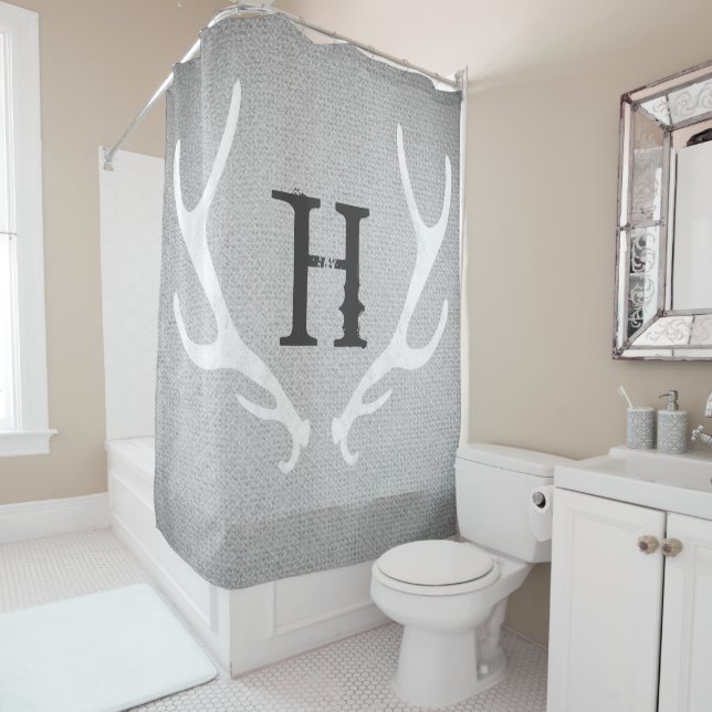 Rustic White & Grey Deer Antlers Burlap Country Shower Curtain (In Situ)