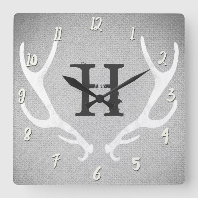 Rustic White & Grey Deer Antlers Burlap Country Square Wall Clock (Front)