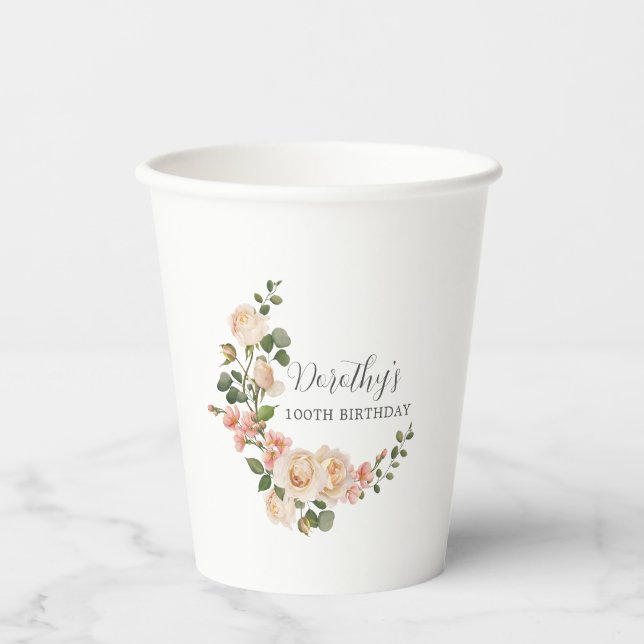 Rustic White Ivory Rose 100th Birthday Paper Cups (Front)