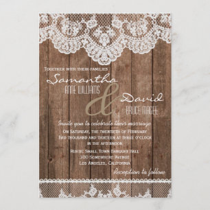 Rustic White Lace and Wood Wedding Invitation