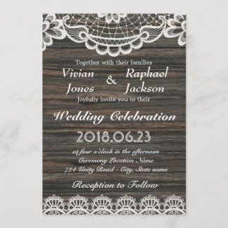 Rustic White Lace and Wood Wedding Invitation
