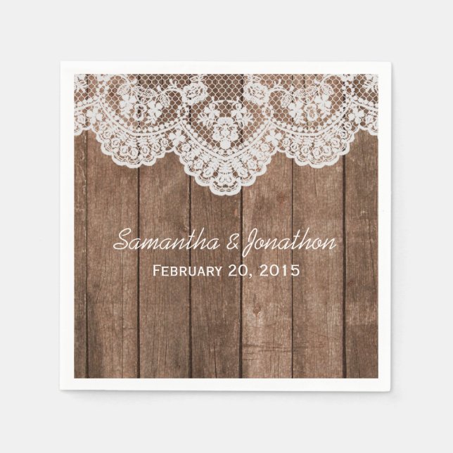 Rustic White Lace and Wood Wedding Napkin (Front)