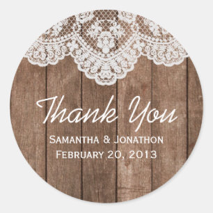 Rustic White Lace and Wood Wedding Thank You Classic Round Sticker