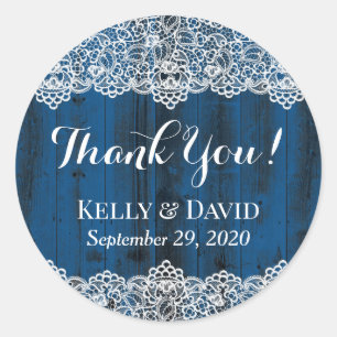 Rustic White Lace Blue Barn Wood Wedding Favour Classic Round Sticker