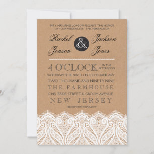 Rustic White Lace & Kraft Wedding Invitation