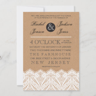 Rustic White Lace & Kraft Wedding Invitation