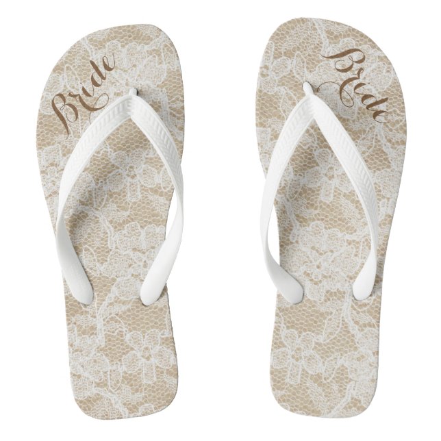 Rustic White Lace on Brown Background, Bride Thongs (Footbed)
