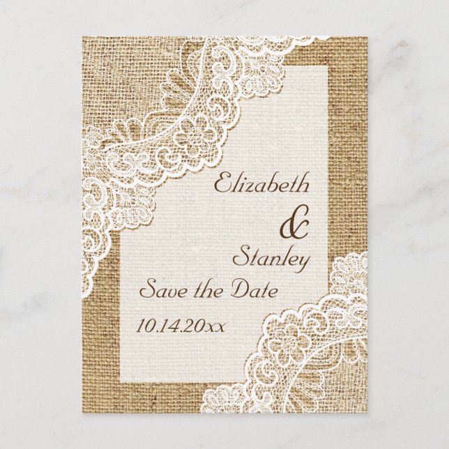 Rustic white lace on burlap wedding Save the Date Announcement Postcard (Front)