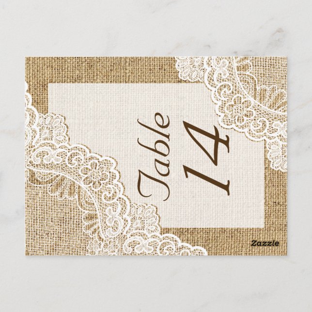Rustic white lace on burlap wedding table number postcard (Back)