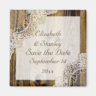 Rustic white lace on wood wedding Save the Date Magnet