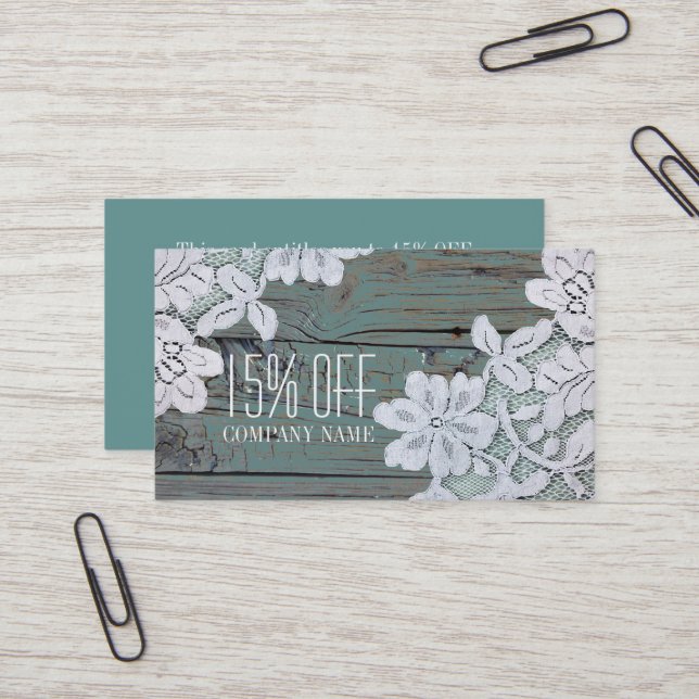 Rustic White Lace Teal Barn Wood Discount Business Card (Front/Back In Situ)