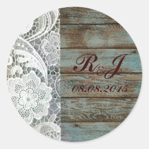 rustic white lace teal barn wood wedding classic round sticker