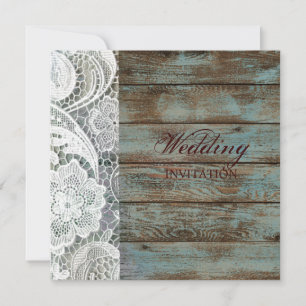 rustic white lace teal barn wood wedding invitation