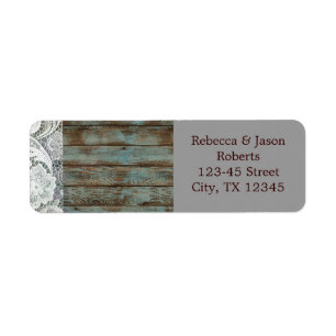 rustic white lace teal barn wood wedding return address label