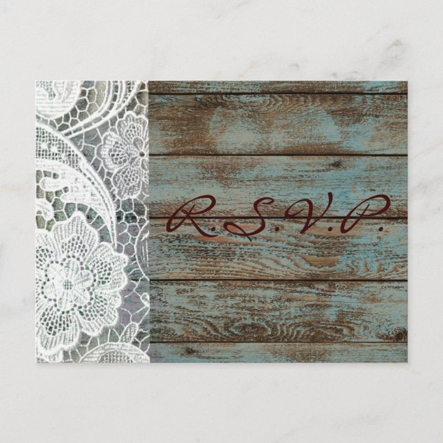 rustic white lace teal barn wood wedding rsvp invitation postcard (Front)