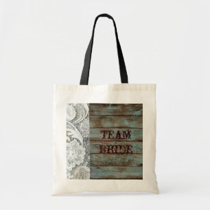 rustic white lace teal barn wood wedding tote bag