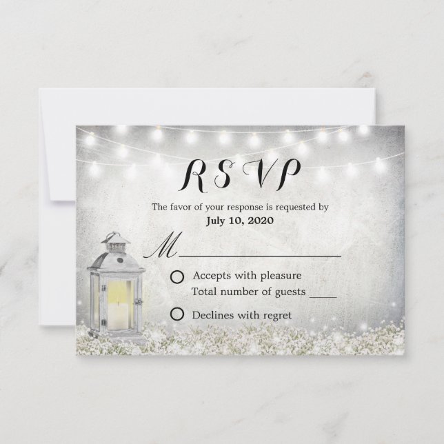 Rustic White Lantern Baby's Breath Floral RSVP (Front)