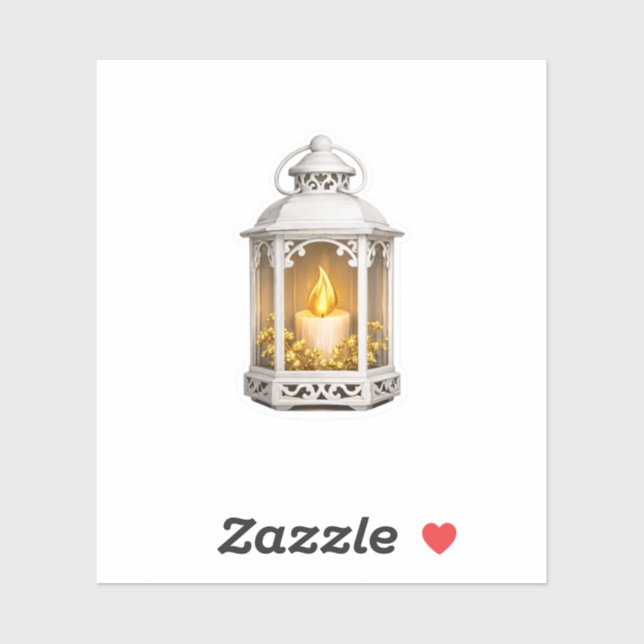 Rustic White Lantern Glowing Candle Gold Berries (Sheet)