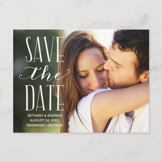 Rustic White Lettering Overlay Save the Date Announcement Postcard (Front)