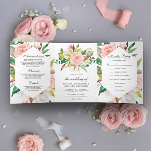 Rustic White Magnolia Blush Pink Floral Wedding Tri-Fold Invitation