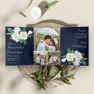 Rustic White Magnolia Floral Navy Blue Wedding Tri-Fold Invitation