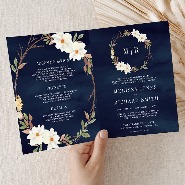 Rustic White Magnolia Floral QR Code Navy Wedding Invitation (Creator Uploaded)