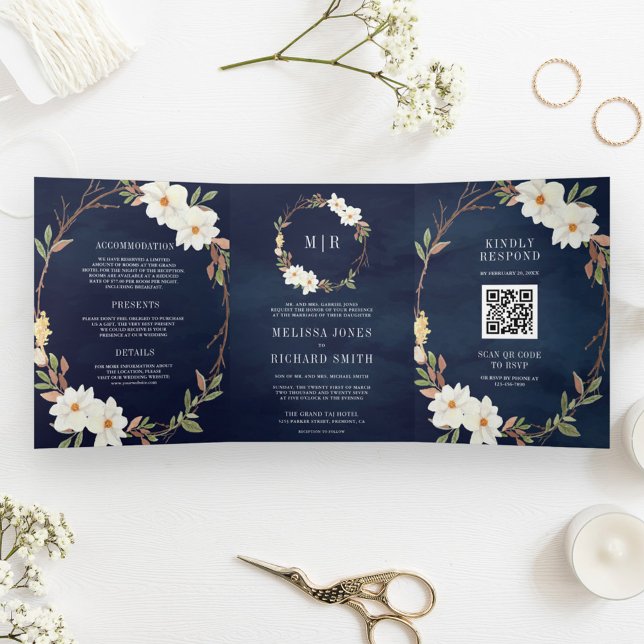 Rustic White Magnolia Floral QR Code Navy Wedding Tri-Fold Invitation (Creator Uploaded)