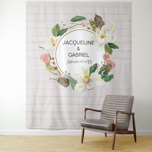 Rustic White Magnolia Pink Floral Wedding Backdrop Tapestry (In Situ)