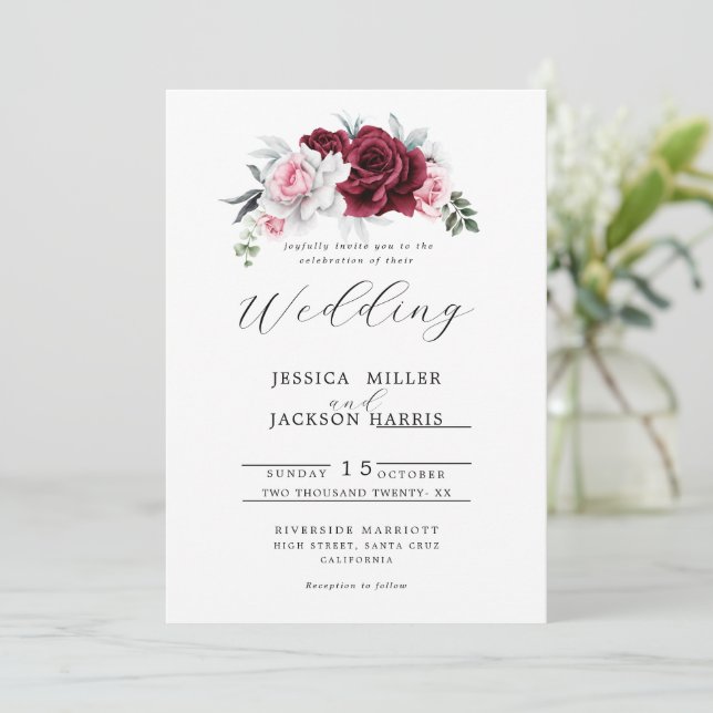 Rustic White Maroon Rose Floral Wedding Invitation (Standing Front)