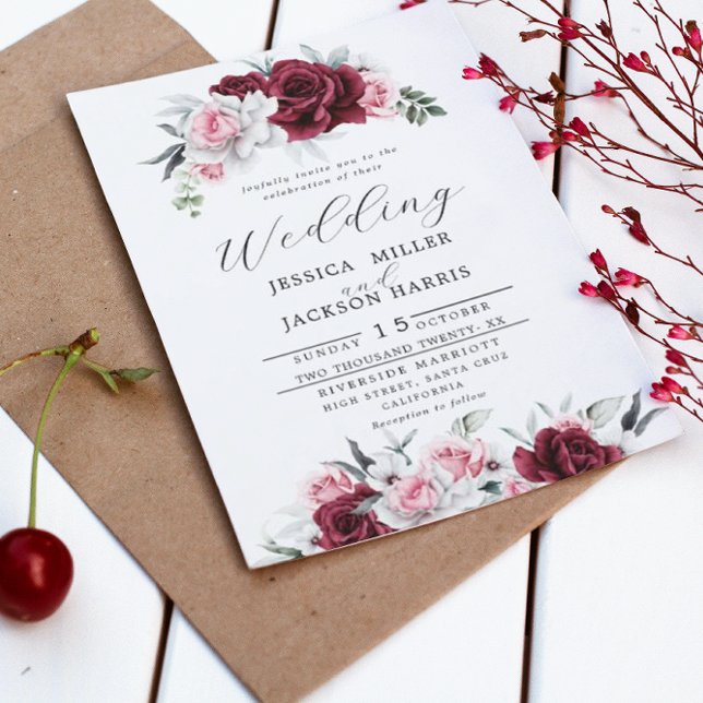 Rustic White Maroon Rose Floral Wedding Invitation (Creator Uploaded)