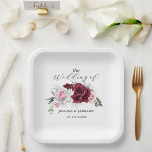 Rustic White Maroon Rose Floral Wedding Paper Plate