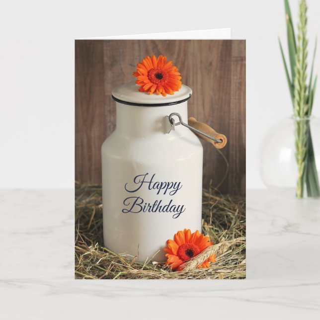 Rustic White Milk Jug with Flowers Birthday Card (Front)