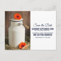 Rustic White Milk Jug with Flowers Save the Date